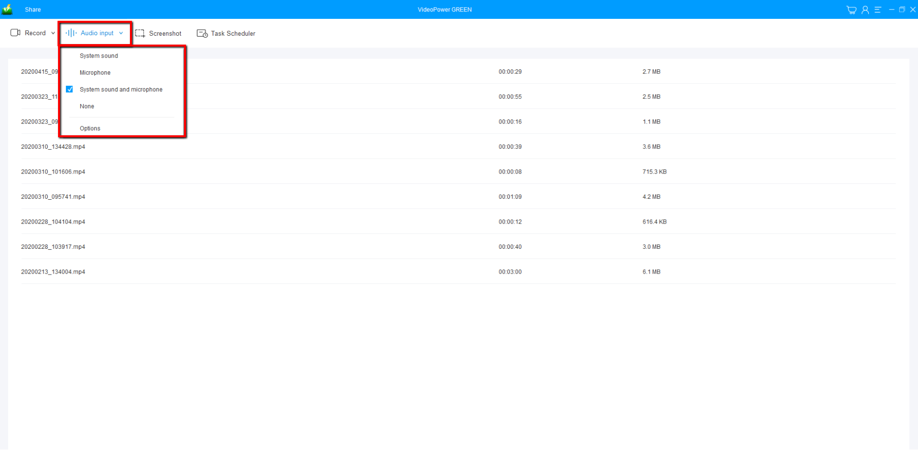 ベスト4Kスクリーンレコーダーソフトウェア、ビデオパワーグリーン、オーディオ入力を変更