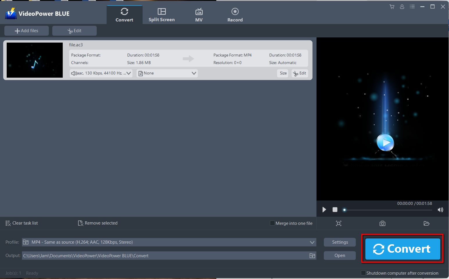 AC3 conversion, VideoPower BLUE start to convert AC3 to MP3.