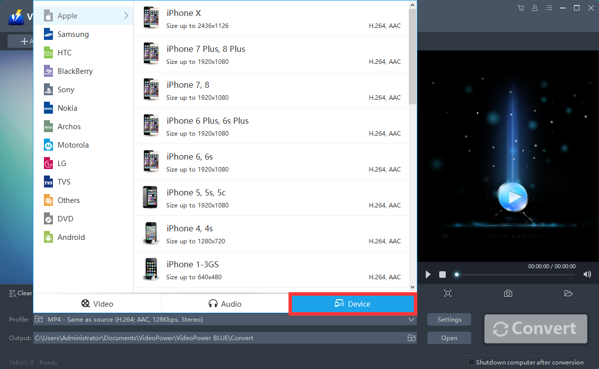 best 3GP converter software, VideoPower BLUE select “Device