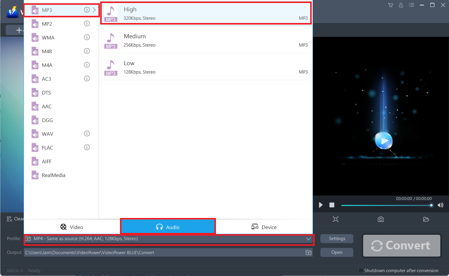 best converter for amr to mp3, VideoPower BLUE select audio output.