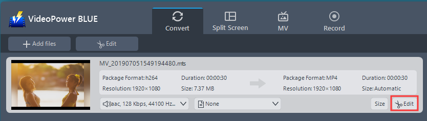 how to convert MTS to MP4, VideoPower BLUE edit MTS file.