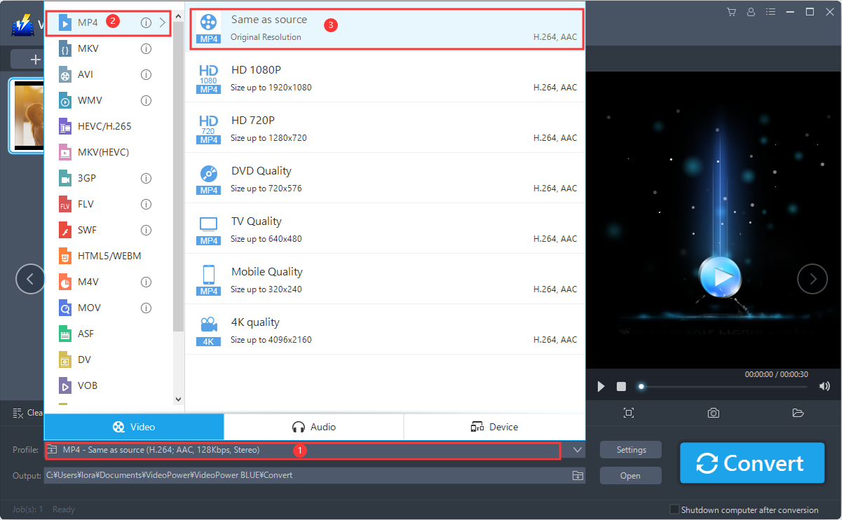 how to convert MTS to MP4, VideoPower BLUE select video output.