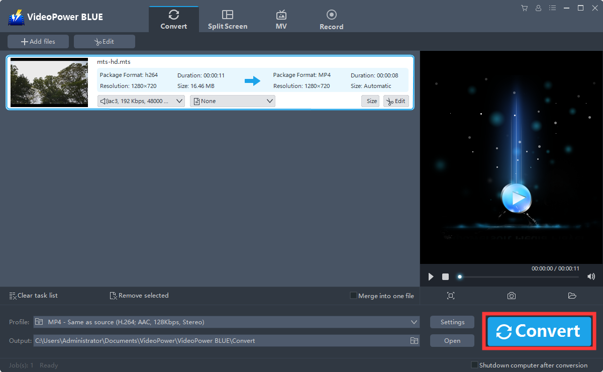 how to convert MTS to MP4, VideoPower BLUE start to convert MTS to MP4.