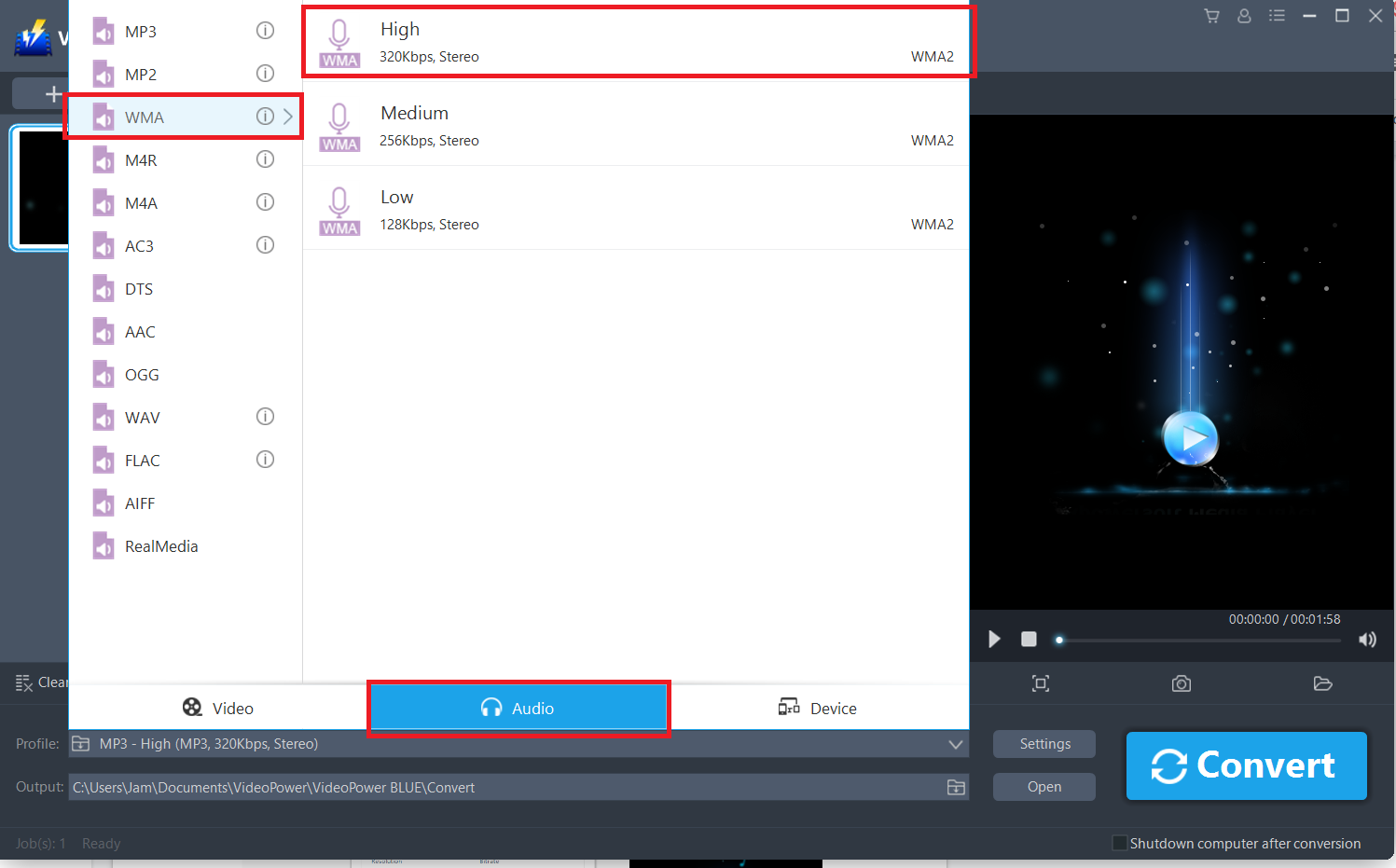 best free audio converter, VideoPower BLUE select audio output.