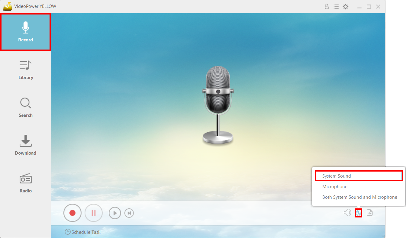 burn YouTube music to a CD, VideoPower YELLOW, set the sound source.