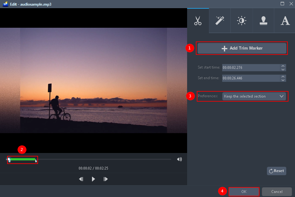 MP3のビットレートを変更, ビデオパワーブルー, トリムを追加