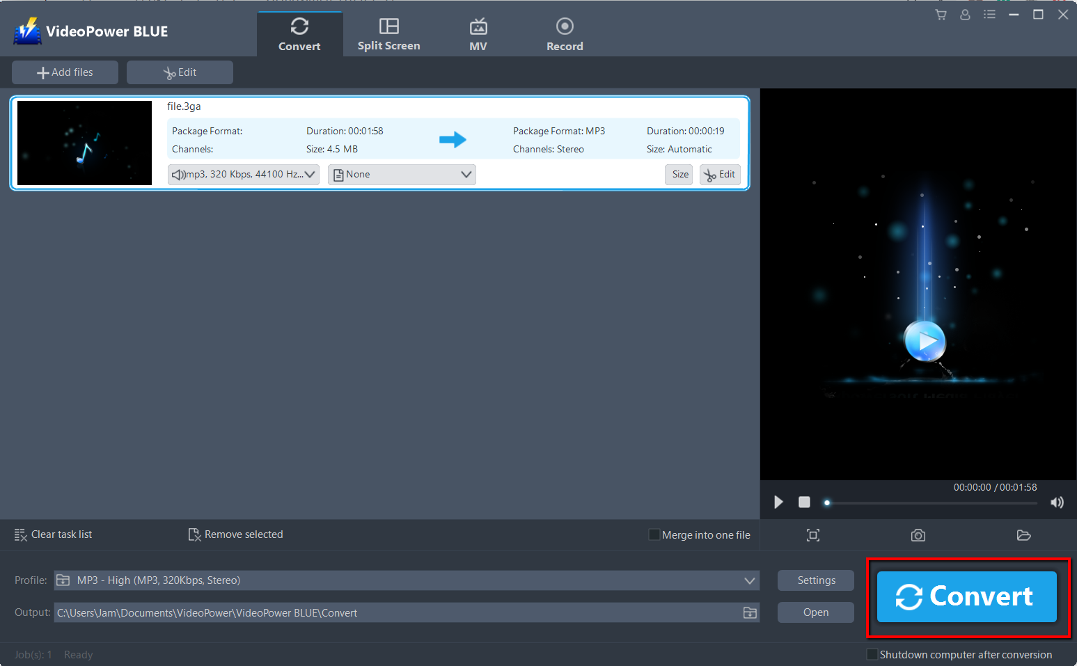 convert 3GA to MP3, VideoPower BLUE start to convert 3GA to MP3.