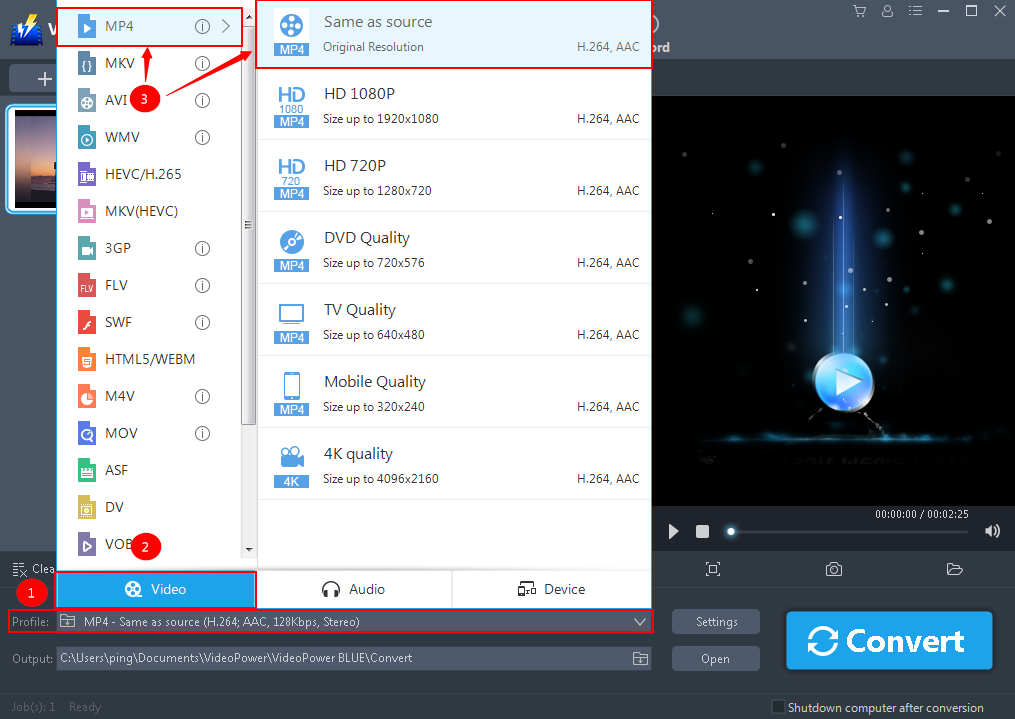 convert MKV format, VideoPower BLUE select video format.
