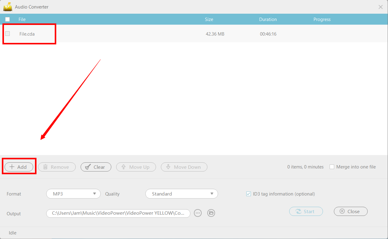 convert CDA to MP3, VideoPower YELLOW, add file