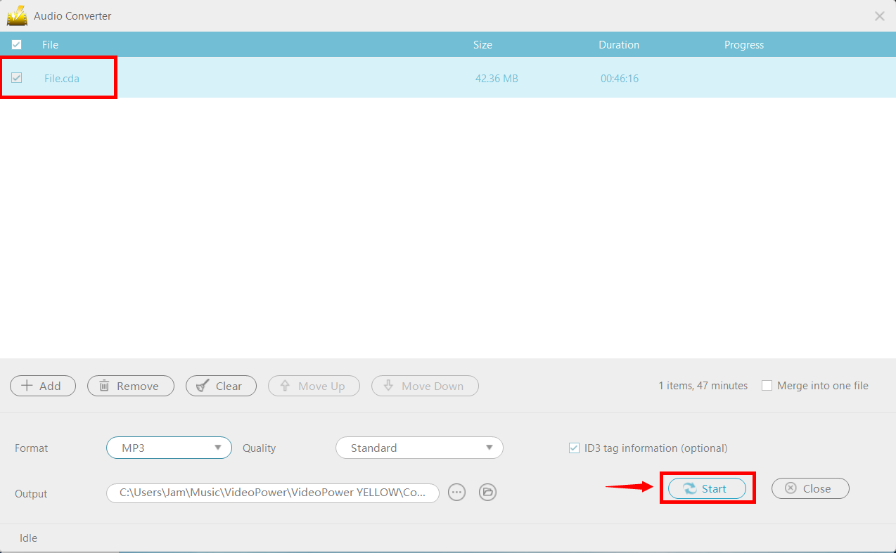 convert CDA to MP3, VideoPower YELLOW, start conversion