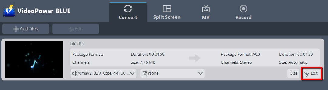 convert DTS to AC3, VideoPower BLUE edit file.