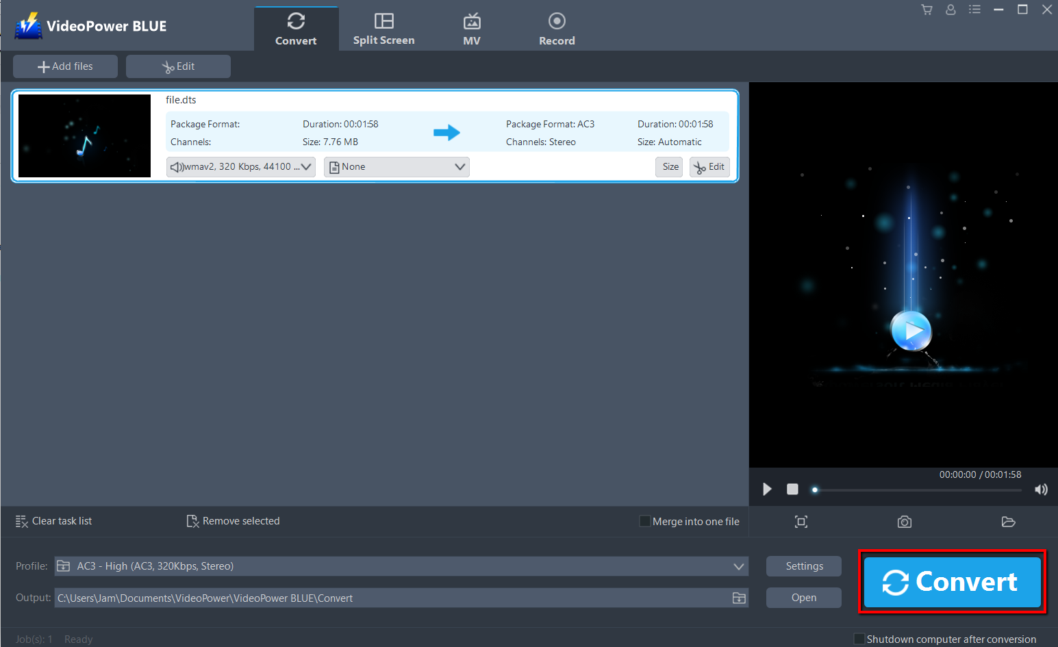 convert DTS to AC3, VideoPower BLUE start to convert DTS to AC3.