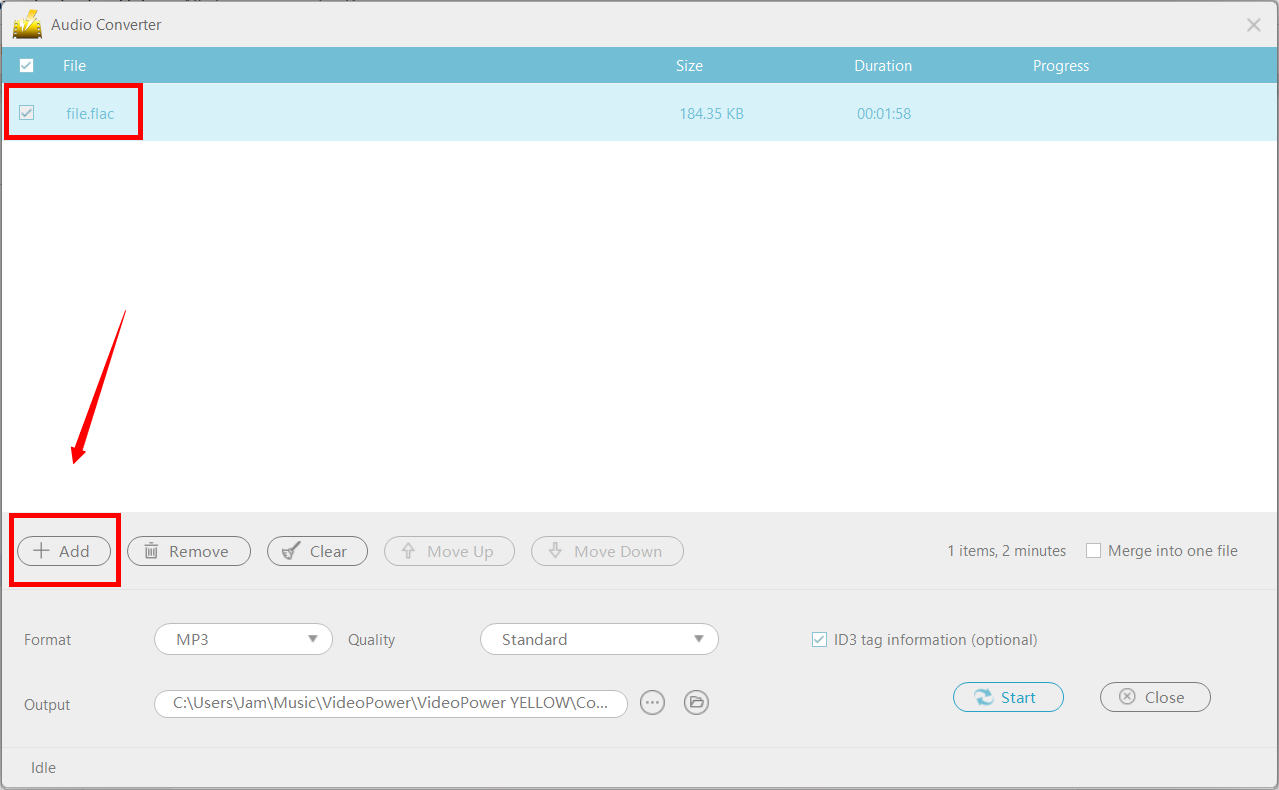 convert FLAC to MP3, VideoPower YELLOW, add file