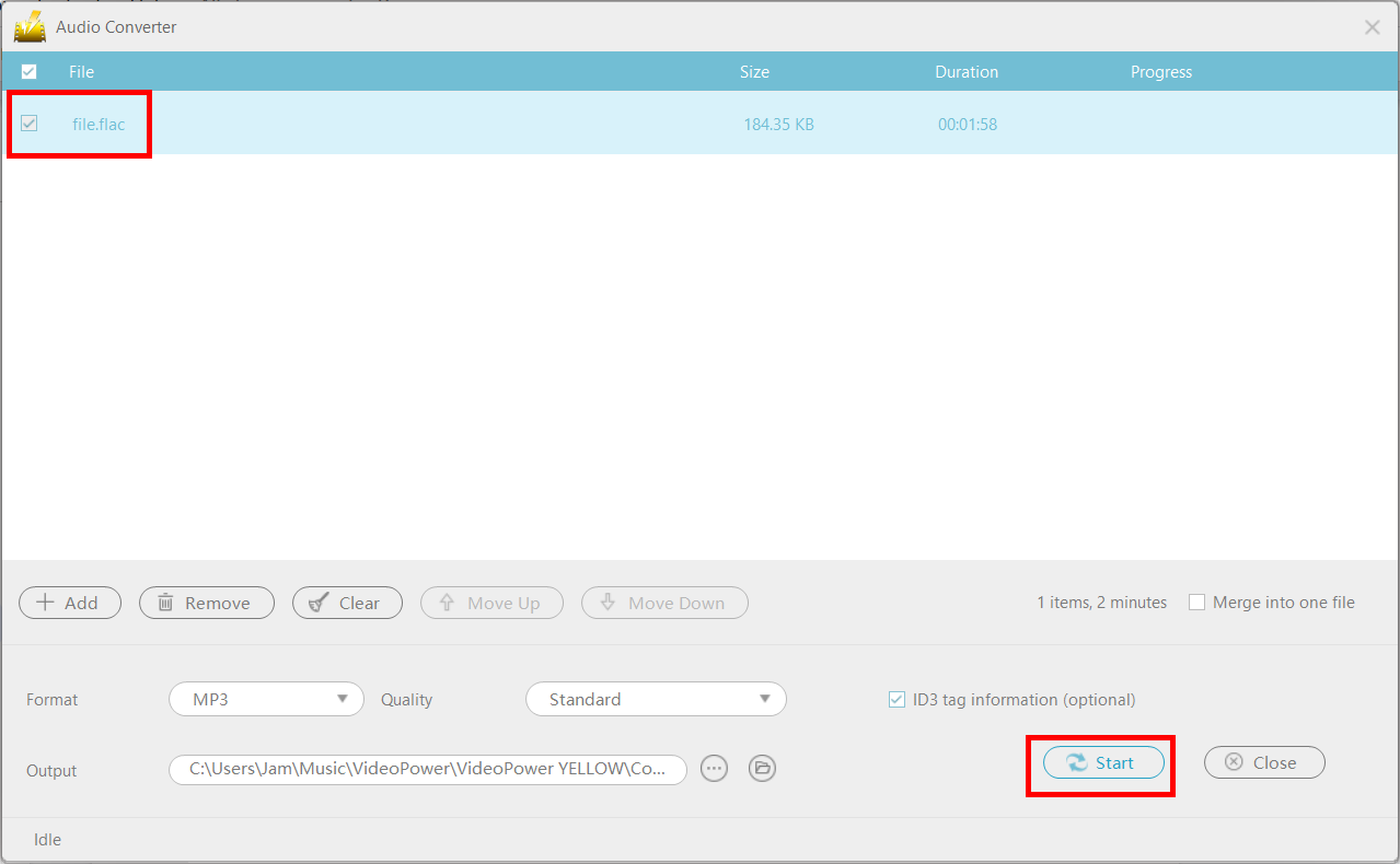 convert FLAC to MP3, VideoPower YELLOW, start conversion