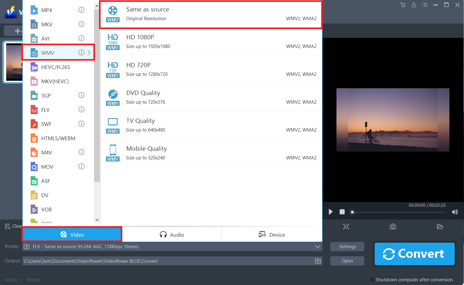 convert FLV to WMV, VideoPower BLUE select video output