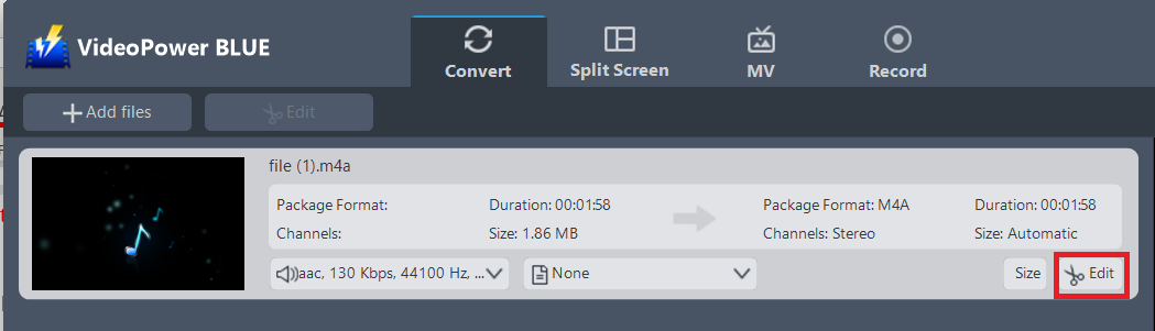 convert M4A to M4R, VideoPower BLUE edit file. 