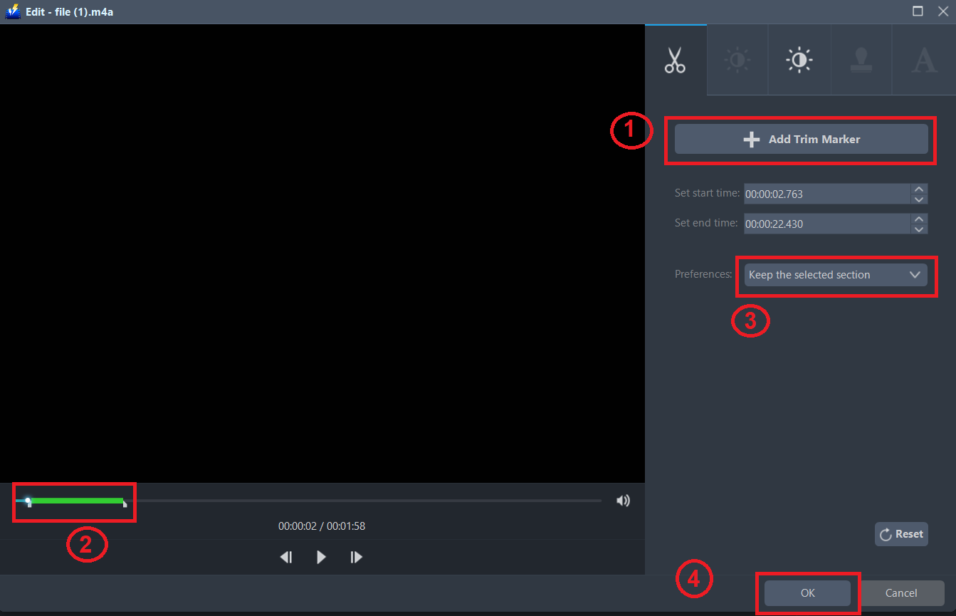 convert M4A to M4R, VideoPower BLUE trim file
