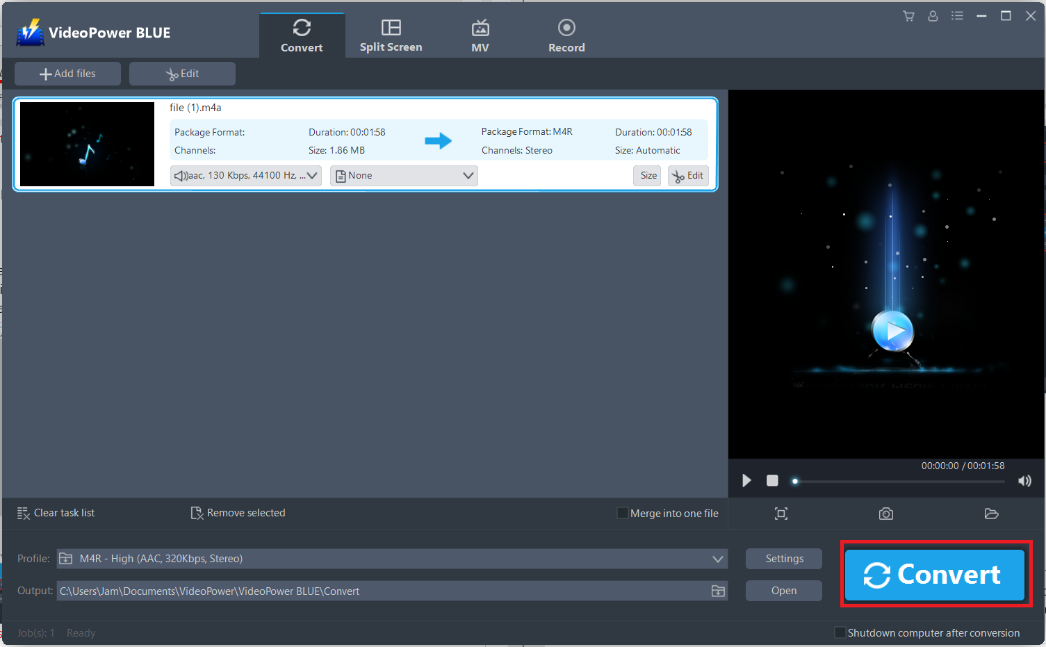 convert M4A to M4R, VideoPower BLUE starts to convert audio file