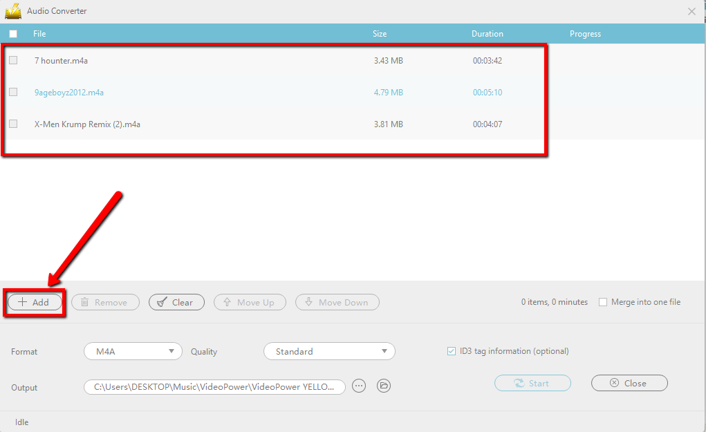 convert M4A to MP3, VideoPower YELLOW, add file