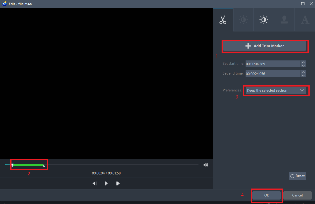 alt: convert M4A to WAV, VideoPower BLUE trim M4A file.