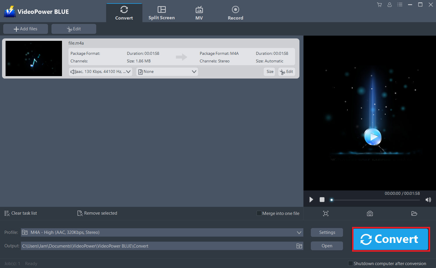 convert M4A to WAV, VideoPower BLUE start to convert M4A to WAV file.