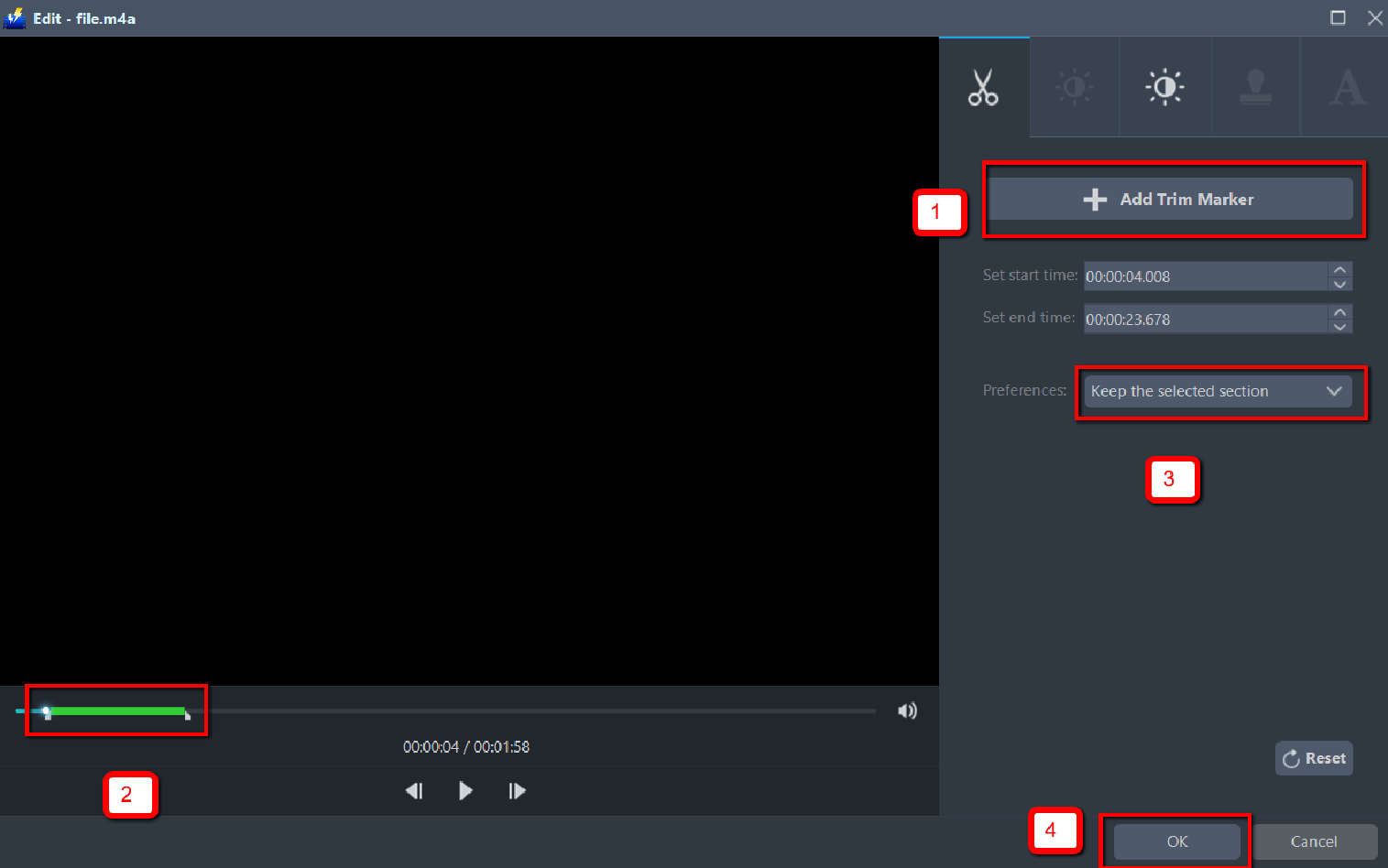 convert M4A to WMA, VideoPower BLUE trim file.