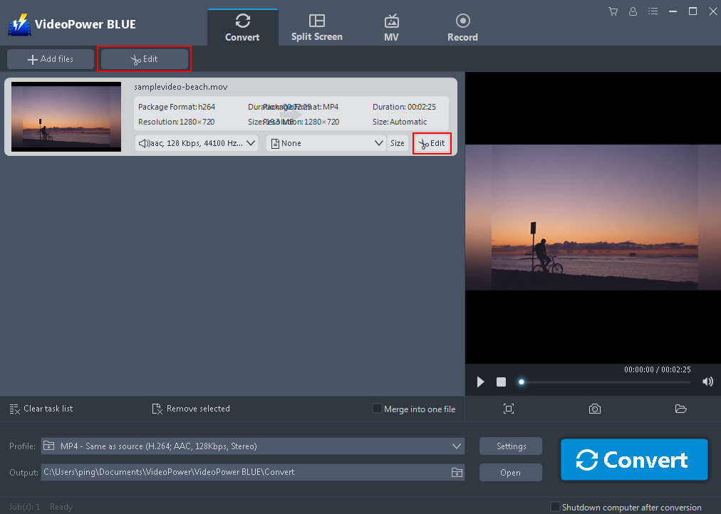MOV to AVI Converter, VideoPower BLUE, Edit