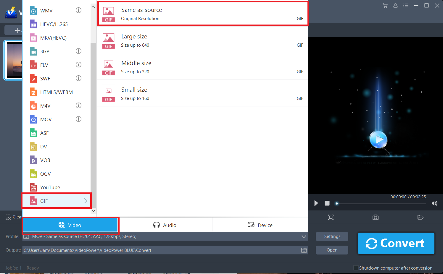 convert MOV to GIF, VideoPower BLUE select video profile