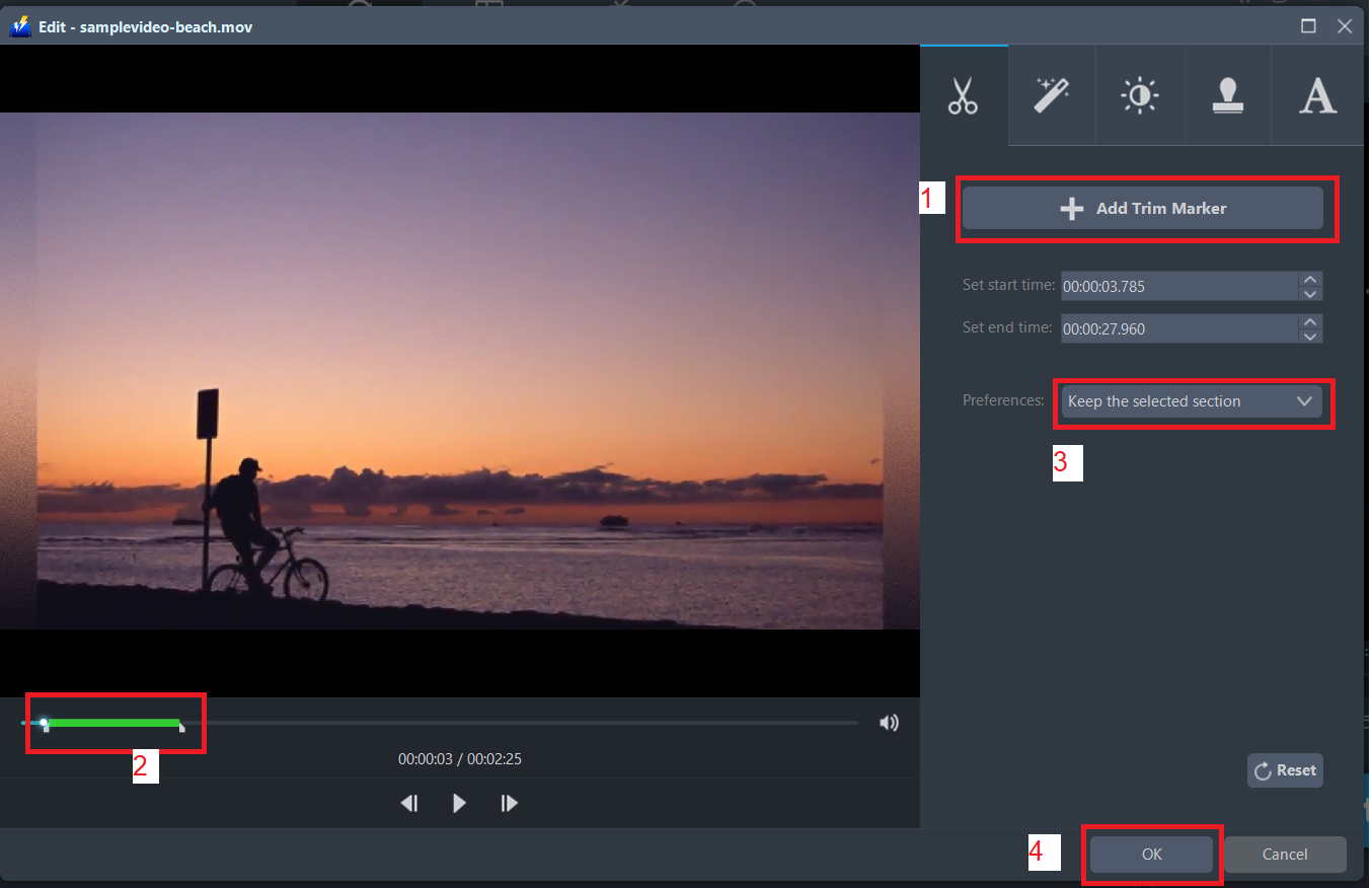 convert MOV to MP4, VideoPower BLUE, trim MOV file
