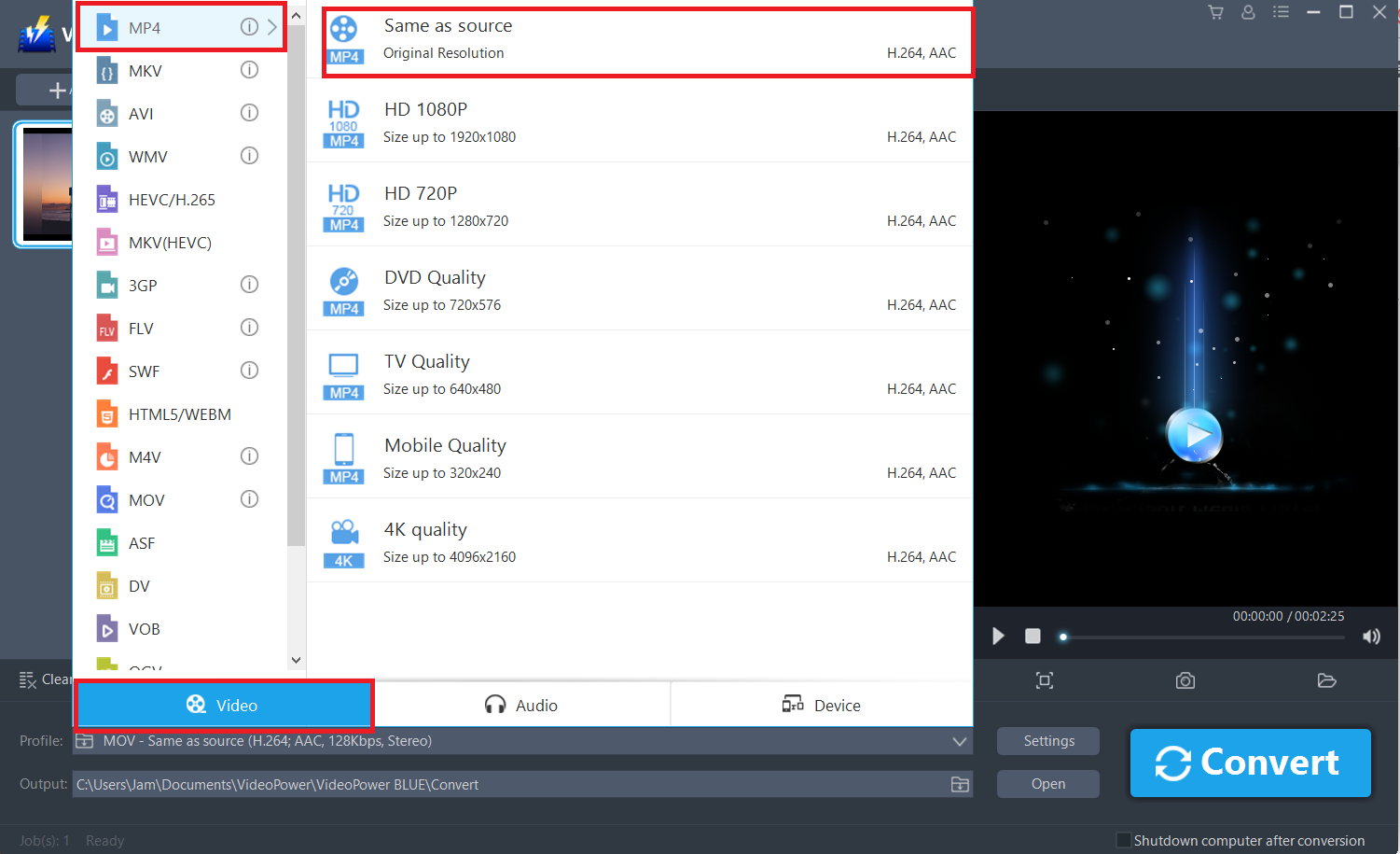 convert MOV to MP4, VideoPower BLUE, set video format