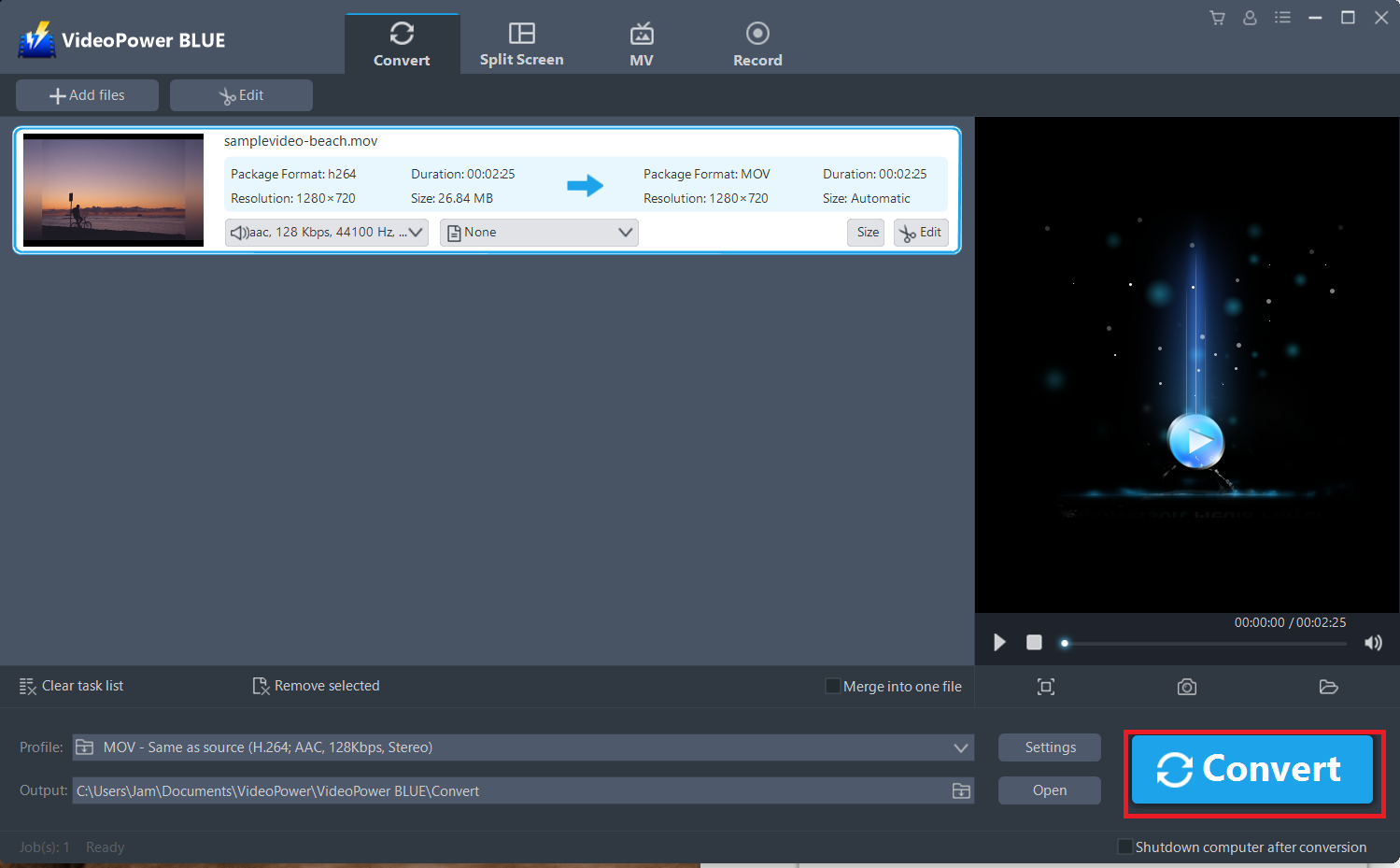 convert MOV to MP4, VideoPower BLUE, start to convert MOV to MP4