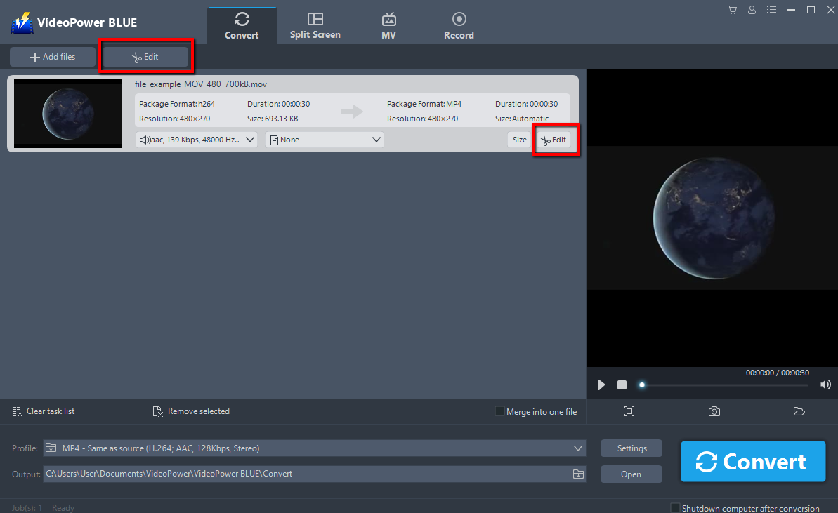 WMV、ビデオパワーブルーにMOVを変換し、WMVビデオを編集します。