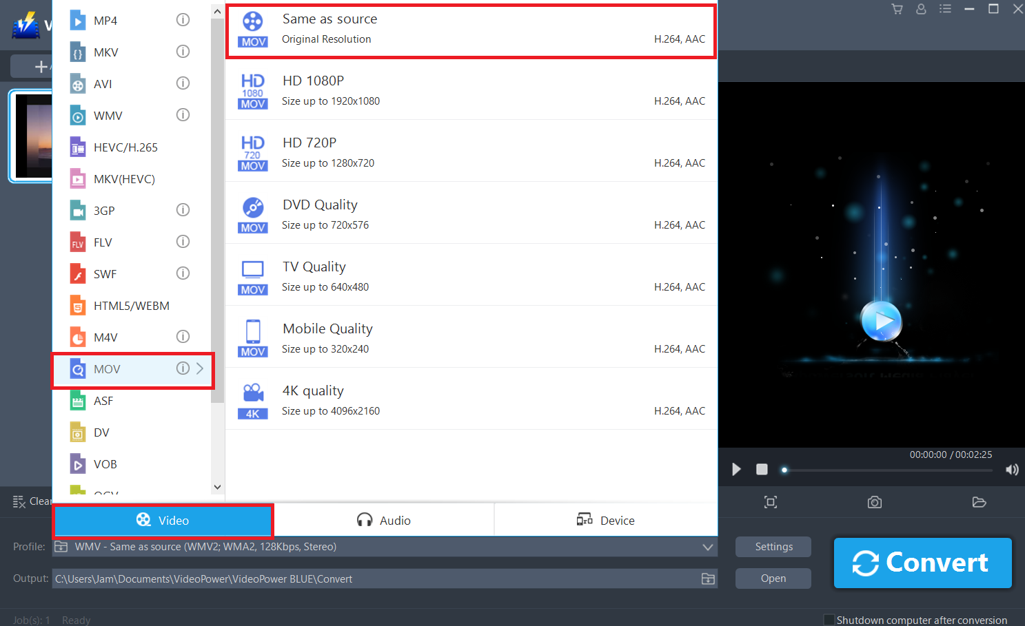WMV、ビデオパワーブルーにMOVを変換し、ビデオプロファイルを選択します。
