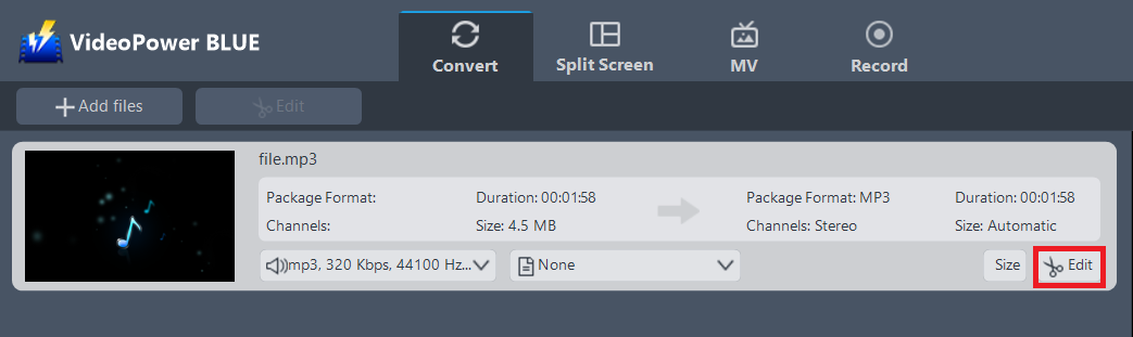 convert MP3 to WMA, VideoPower BLUE edit MP3 file