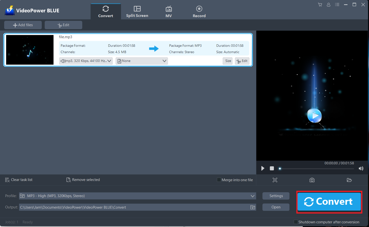 convert MP3 to WMA, VideoPower BLUE select to start converting MP3 to WMA