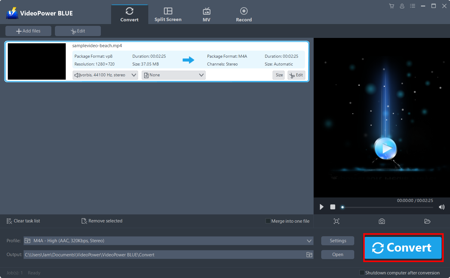 convert MP4 to M4A, VideoPower BLUE convert the file