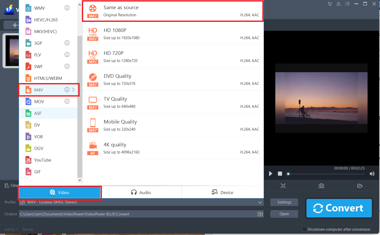 convert MP4 to M4V, VideoPower BLUE select video format