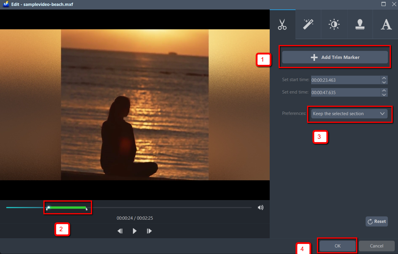 convert MXF to MOV, VideoPower BLUE trim file.