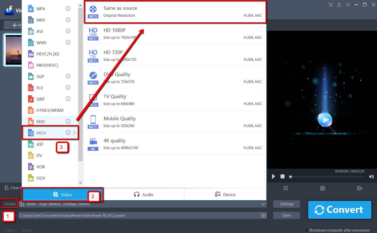 convert MXF to MOV, VideoPower BLUE select video output. 
