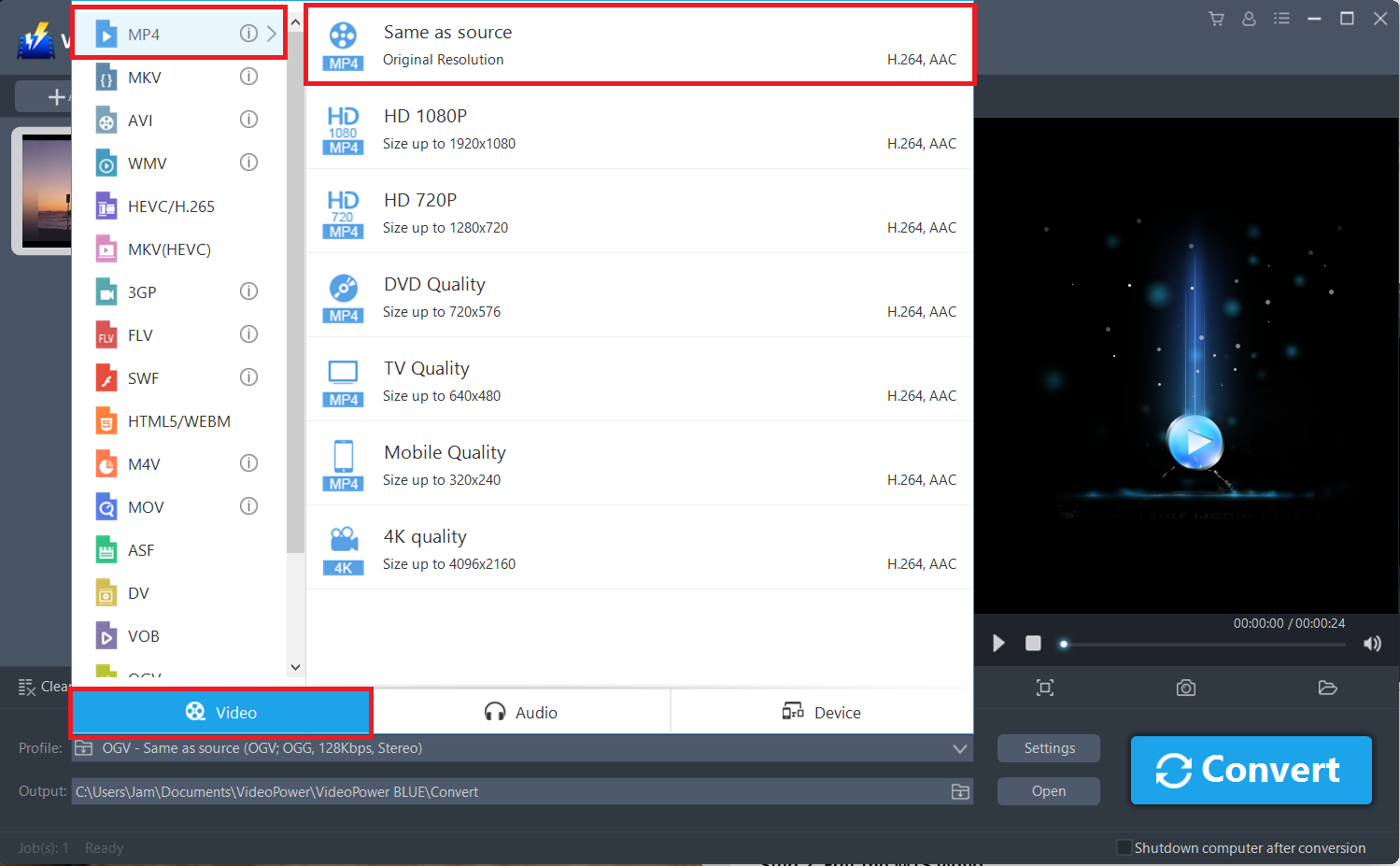 convert OGV to MP4, VideoPower BLUE select video format