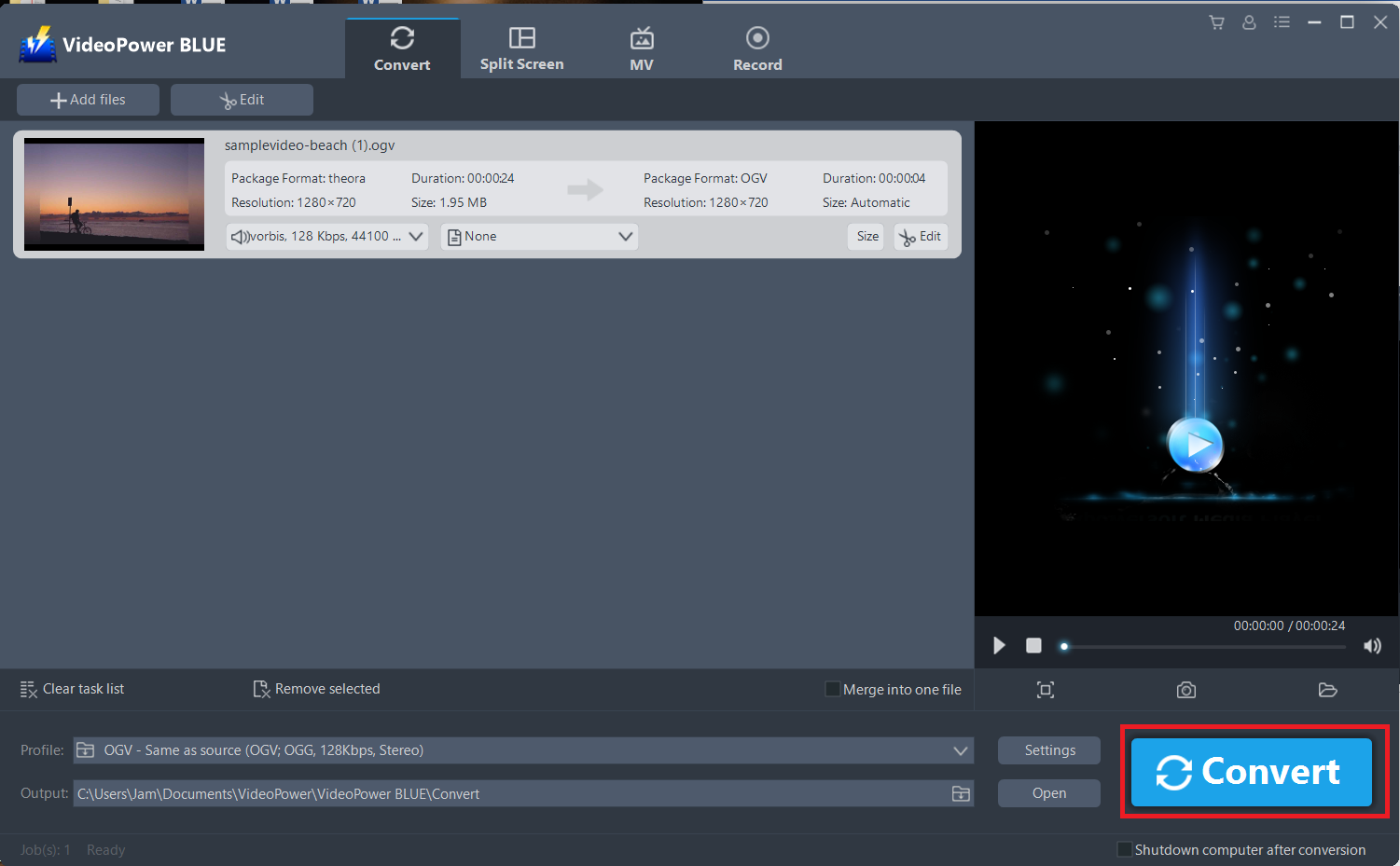 convert OGV to MP4, VideoPower BLUE start to convert SWF to MOV