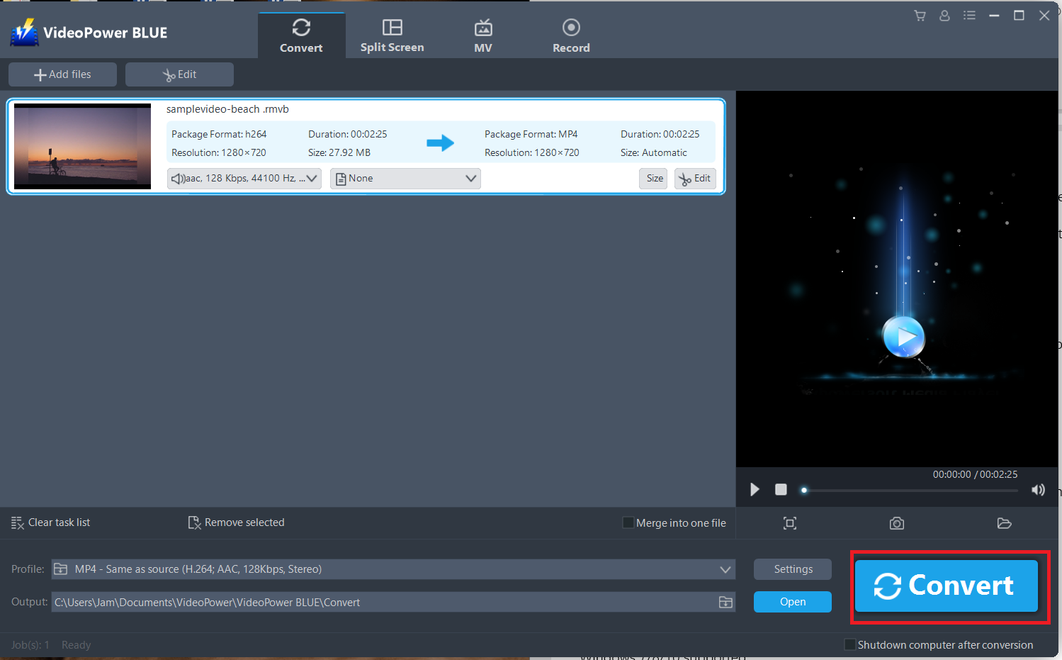 convert RMVB to MP4, VideoPower BLUE start to convert RMVB to MP4 file