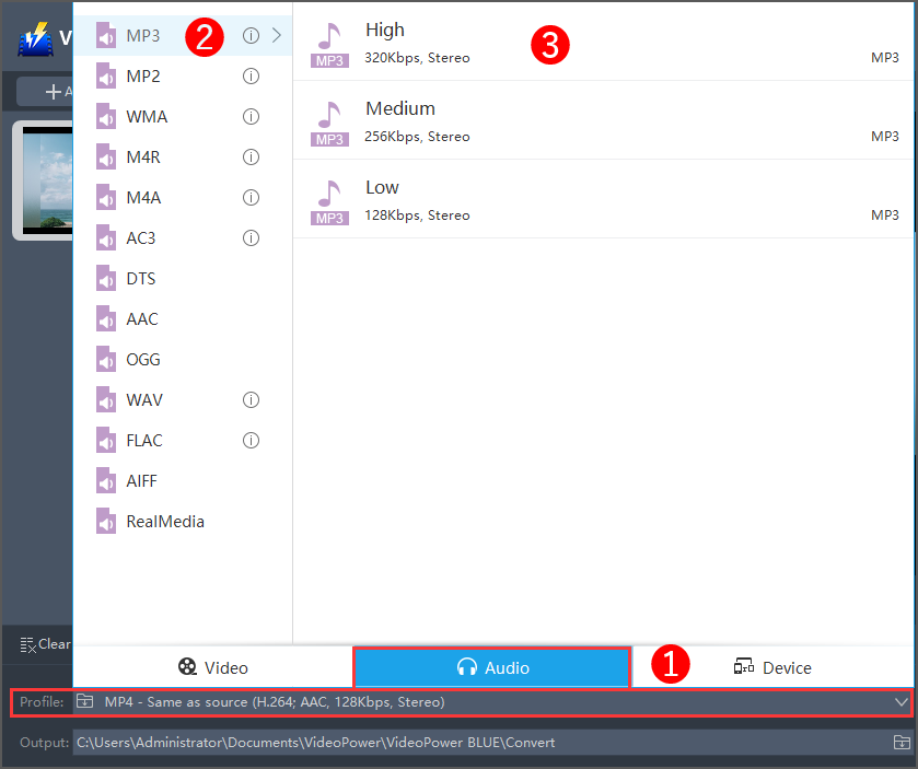 最高のオーディオコンバーター、ビデオパワーブルー、出力形式