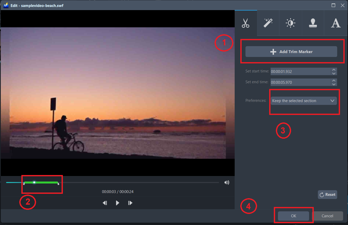 convert SWF to MOV, VideoPower BLUE trim file