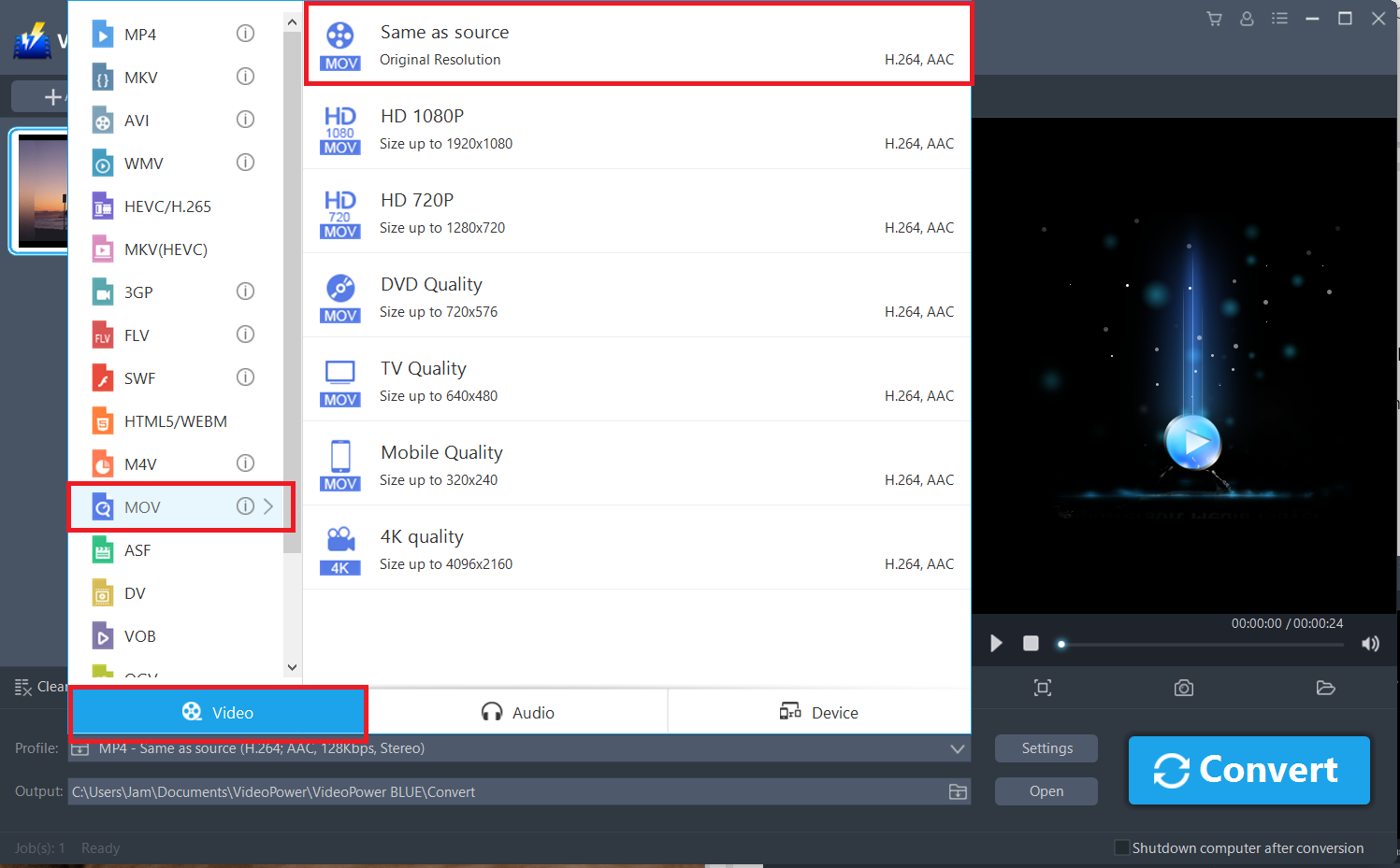 convert SWF to MOV, VideoPower BLUE select video format