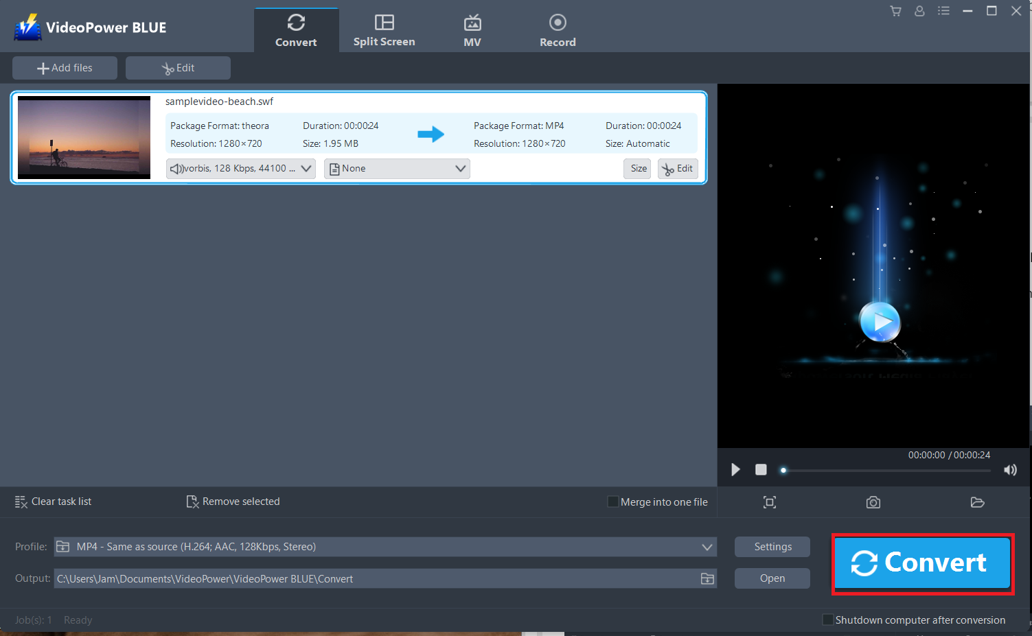 convert SWF to MOV, VideoPower BLUE start to convert SWF to MOV