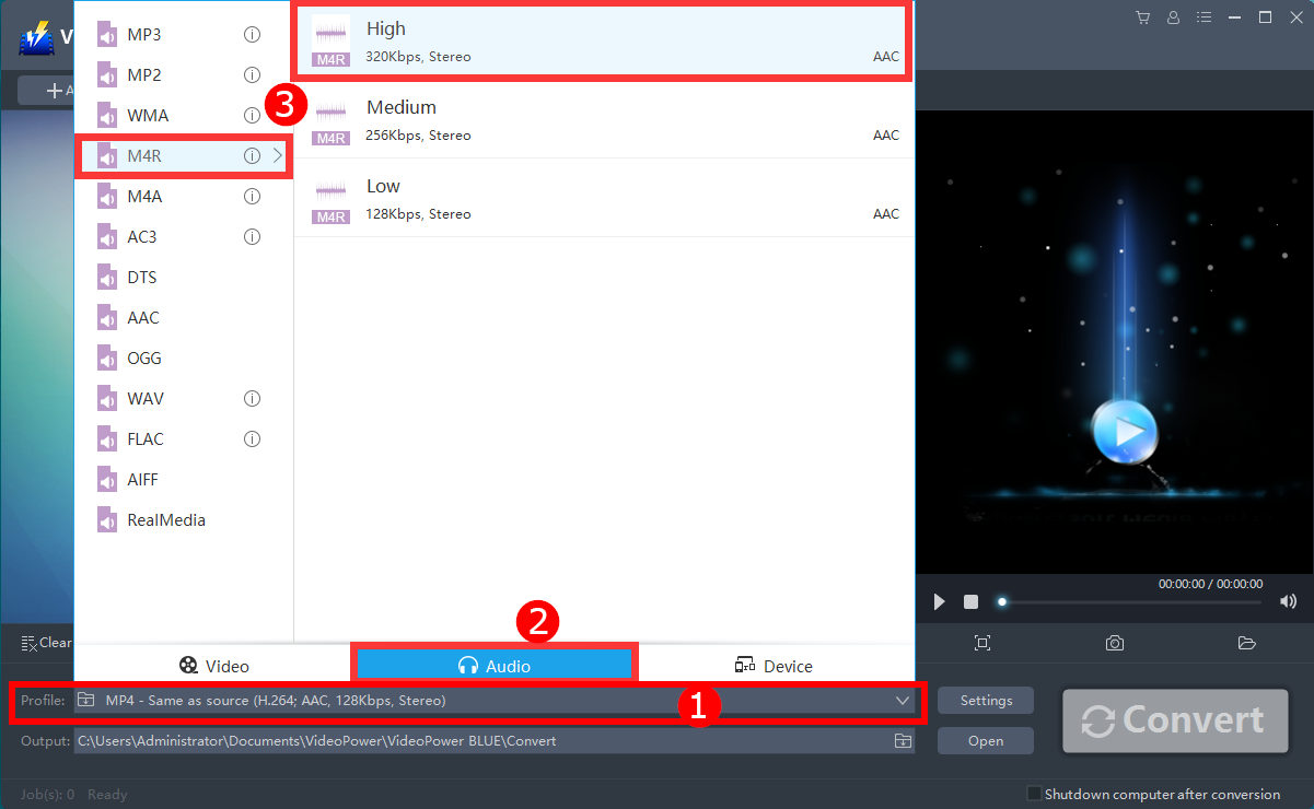 WAV to M4R conversion, VideoPower BLUE, Output location