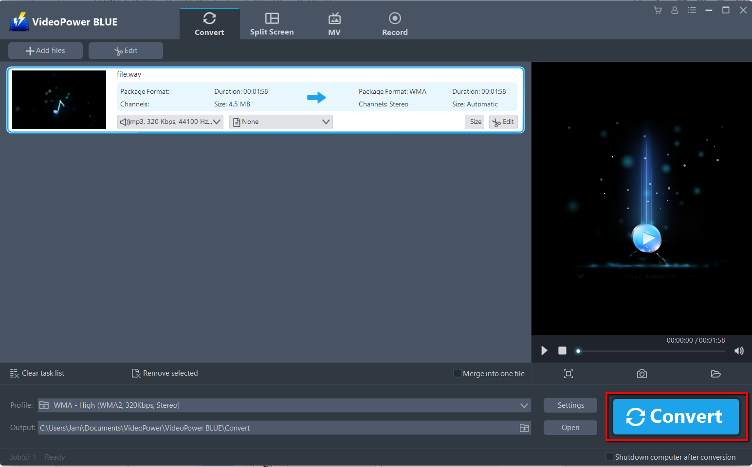 convert WAV to WMA, VideoPower BLUE start to convert WAV to WMA