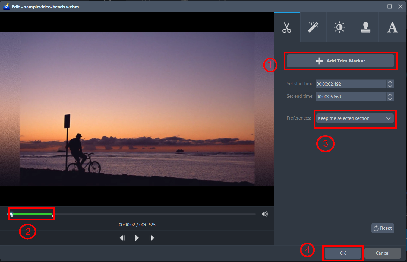 convert WebM to AVI, VideoPower BLUE trim the file
