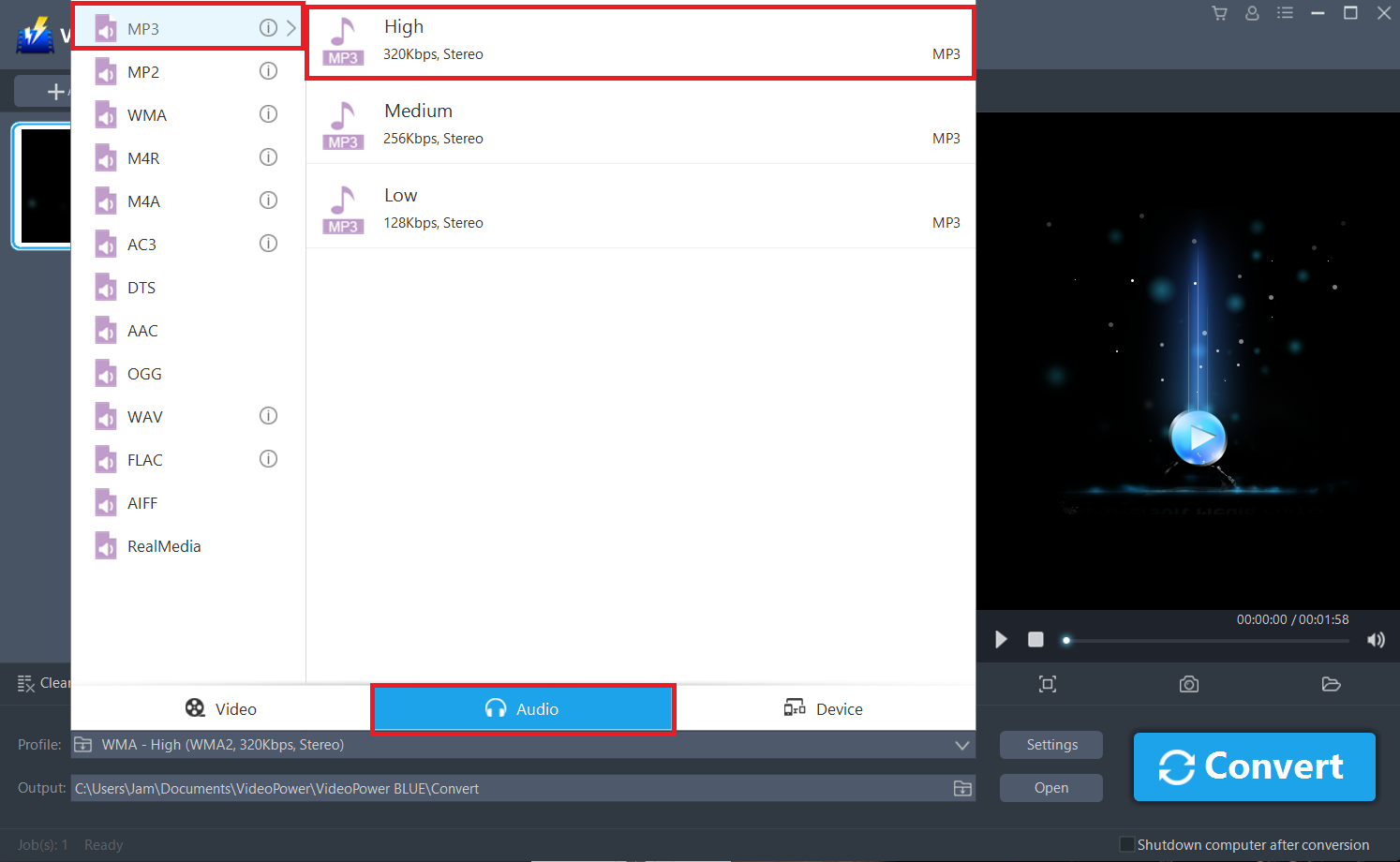 convert WMA format, VideoPower BLUE, select audio output.